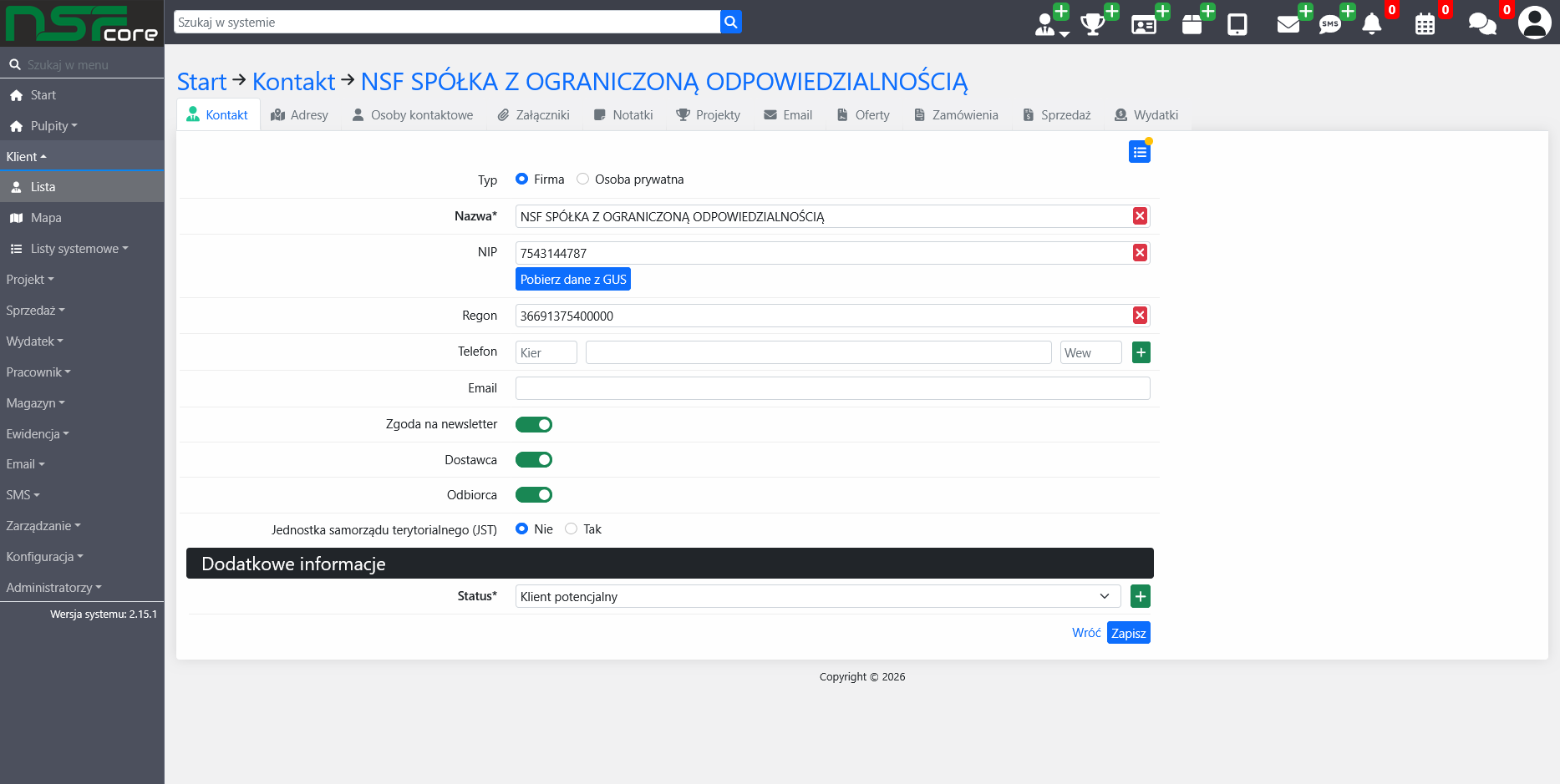 Karta klienta w NSF Core z danymi firmy i zakładkami powiązanych informacji.