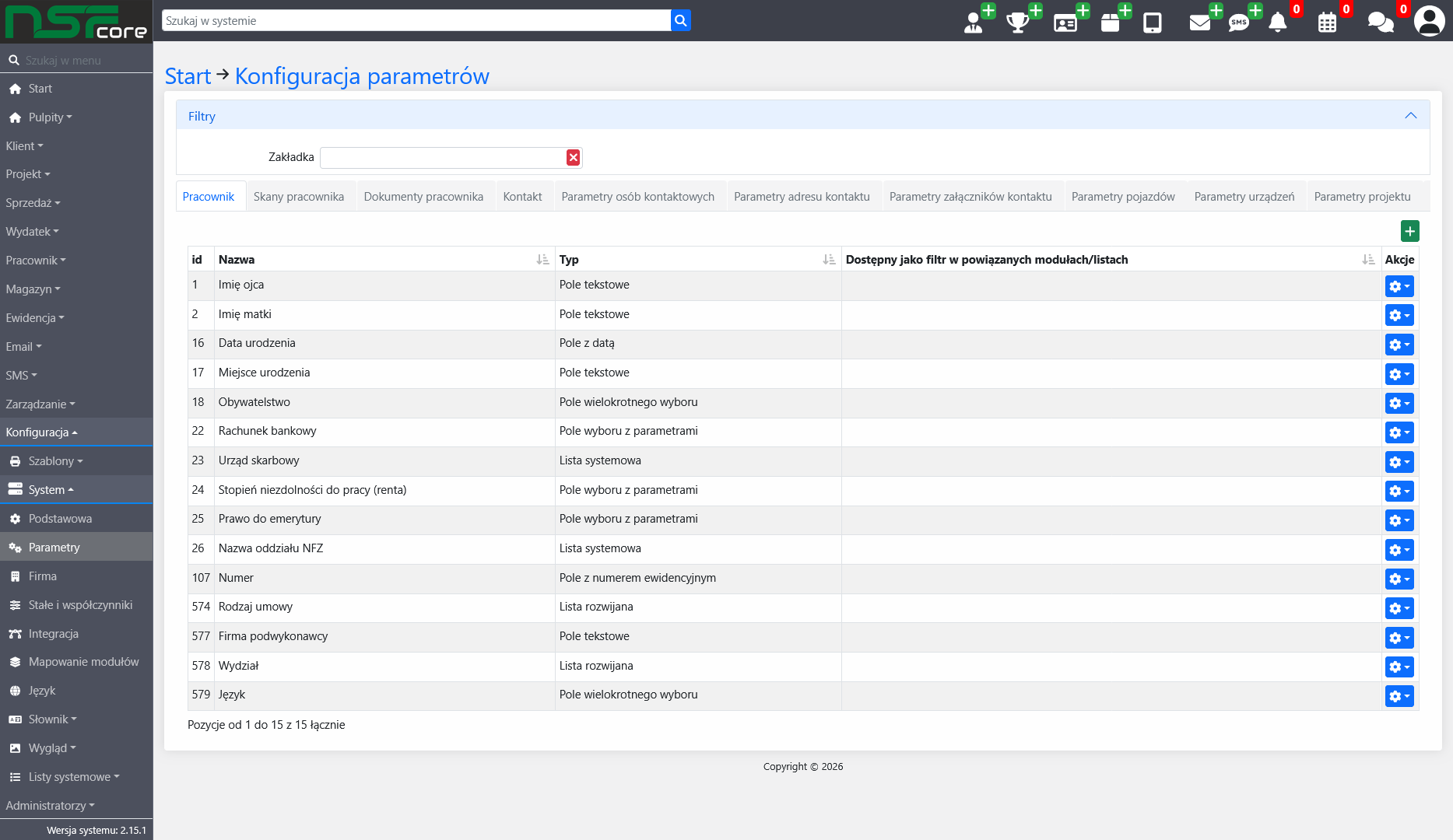 Lista parametrów i typów własnych pól w konfiguracji NSF Core.